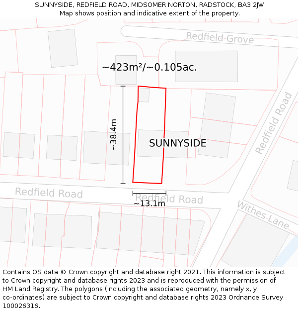 SUNNYSIDE, REDFIELD ROAD, MIDSOMER NORTON, RADSTOCK, BA3 2JW: Plot and title map