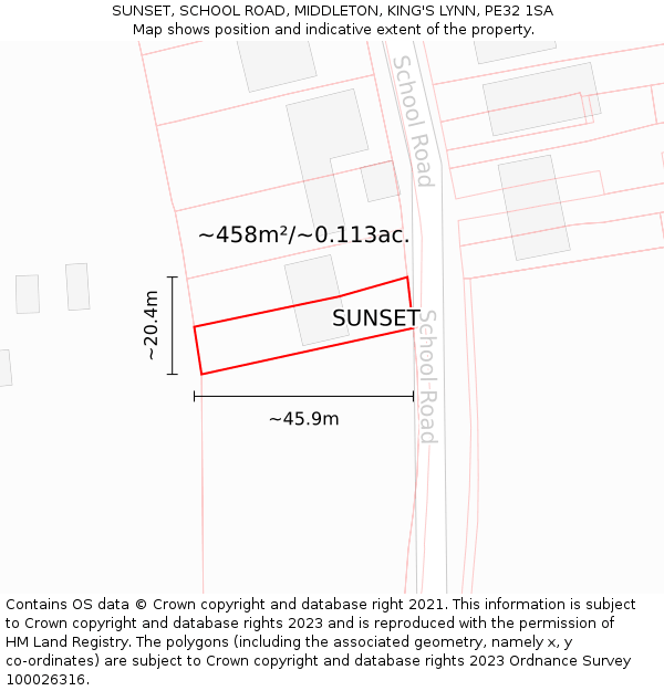 SUNSET, SCHOOL ROAD, MIDDLETON, KING'S LYNN, PE32 1SA: Plot and title map