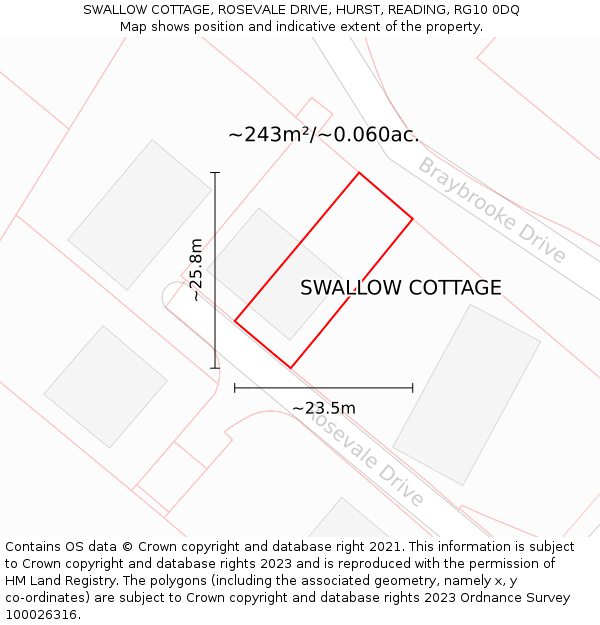 SWALLOW COTTAGE, ROSEVALE DRIVE, HURST, READING, RG10 0DQ: Plot and title map