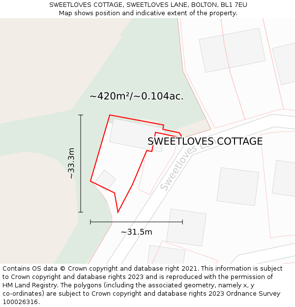 SWEETLOVES COTTAGE, SWEETLOVES LANE, BOLTON, BL1 7EU: Plot and title map