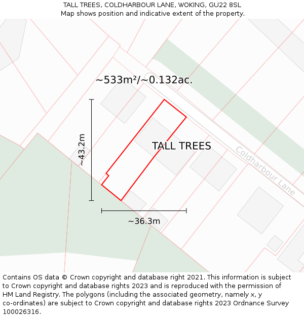 TALL TREES, COLDHARBOUR LANE, WOKING, GU22 8SL: Plot and title map