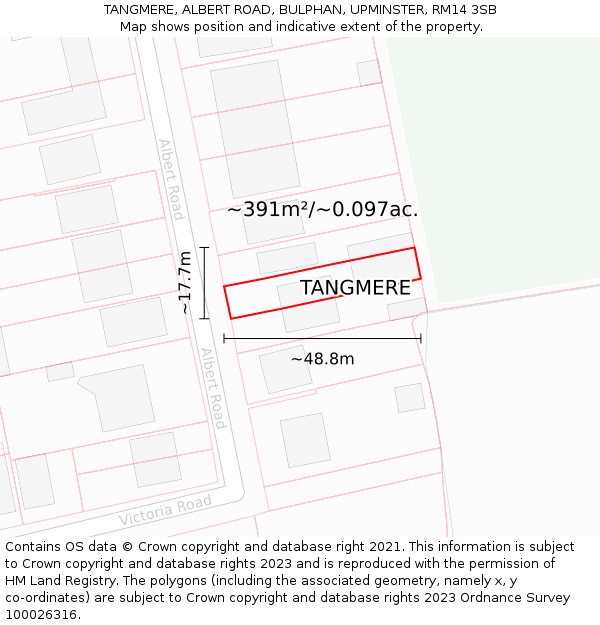 TANGMERE, ALBERT ROAD, BULPHAN, UPMINSTER, RM14 3SB: Plot and title map
