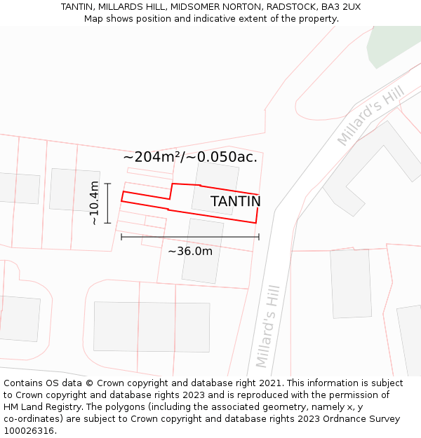 TANTIN, MILLARDS HILL, MIDSOMER NORTON, RADSTOCK, BA3 2UX: Plot and title map