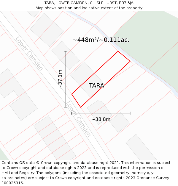 TARA, LOWER CAMDEN, CHISLEHURST, BR7 5JA: Plot and title map
