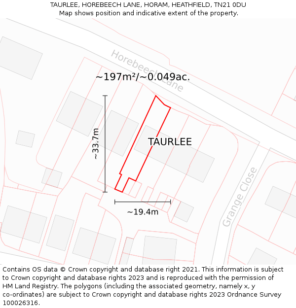 TAURLEE, HOREBEECH LANE, HORAM, HEATHFIELD, TN21 0DU: Plot and title map