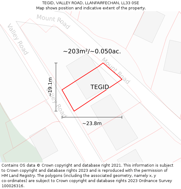 TEGID, VALLEY ROAD, LLANFAIRFECHAN, LL33 0SE: Plot and title map