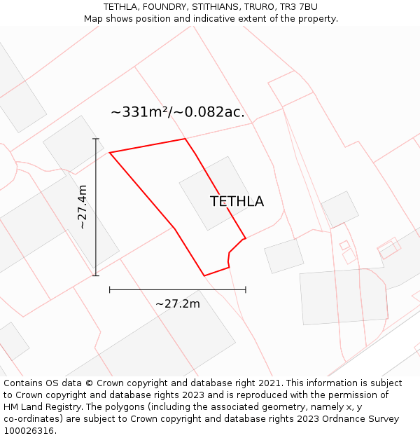 TETHLA, FOUNDRY, STITHIANS, TRURO, TR3 7BU: Plot and title map