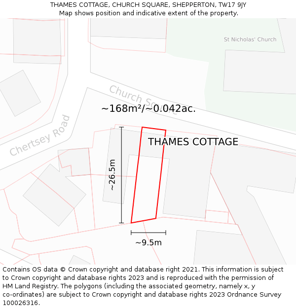 THAMES COTTAGE, CHURCH SQUARE, SHEPPERTON, TW17 9JY: Plot and title map