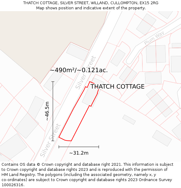 THATCH COTTAGE, SILVER STREET, WILLAND, CULLOMPTON, EX15 2RG: Plot and title map