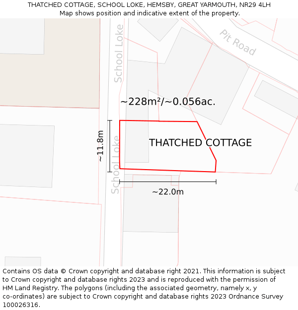 THATCHED COTTAGE, SCHOOL LOKE, HEMSBY, GREAT YARMOUTH, NR29 4LH: Plot and title map