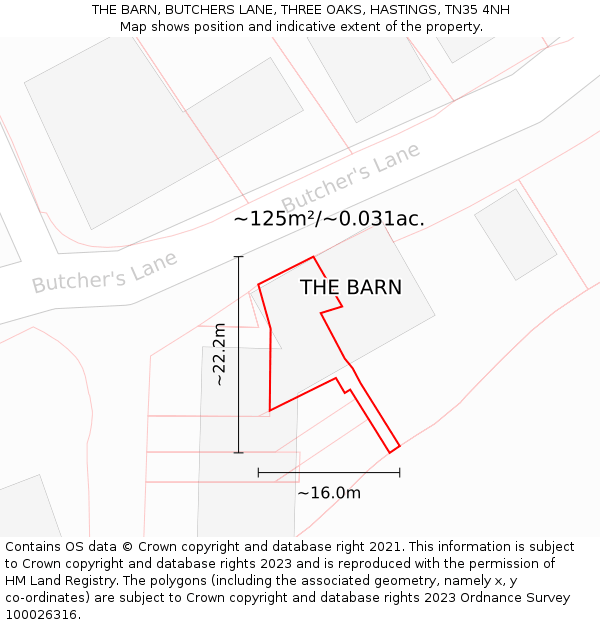 THE BARN, BUTCHERS LANE, THREE OAKS, HASTINGS, TN35 4NH: Plot and title map