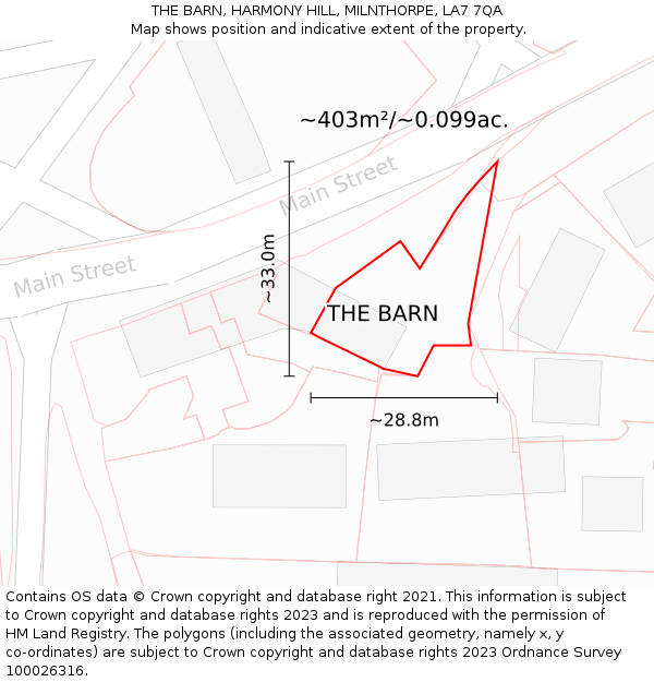 THE BARN, HARMONY HILL, MILNTHORPE, LA7 7QA: Plot and title map