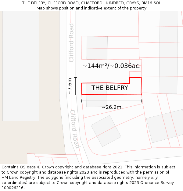 THE BELFRY, CLIFFORD ROAD, CHAFFORD HUNDRED, GRAYS, RM16 6QL: Plot and title map