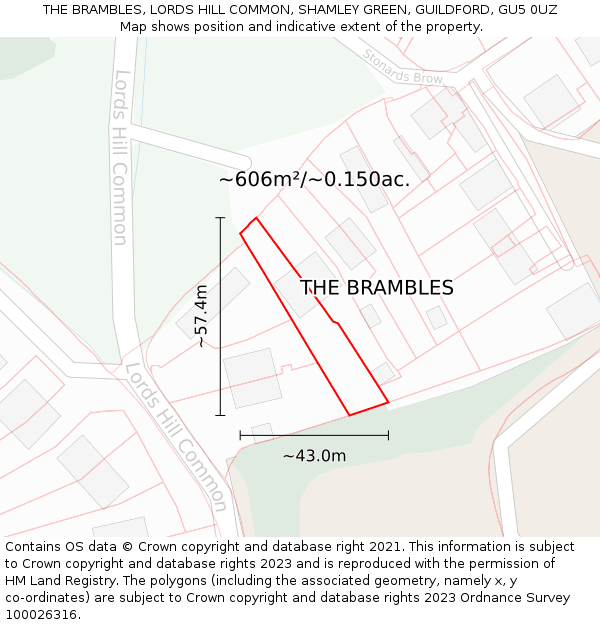 THE BRAMBLES, LORDS HILL COMMON, SHAMLEY GREEN, GUILDFORD, GU5 0UZ: Plot and title map