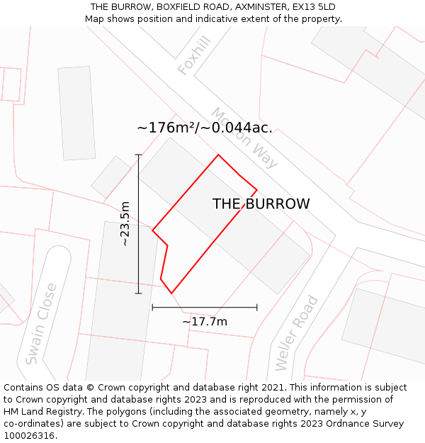 THE BURROW, BOXFIELD ROAD, AXMINSTER, EX13 5LD: Plot and title map