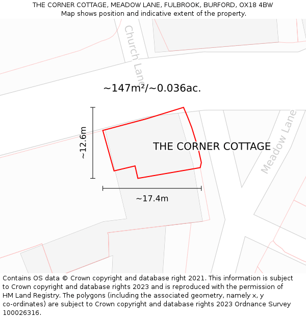 THE CORNER COTTAGE, MEADOW LANE, FULBROOK, BURFORD, OX18 4BW: Plot and title map