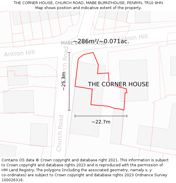 THE CORNER HOUSE, CHURCH ROAD, MABE BURNTHOUSE, PENRYN, TR10 9HN: Plot and title map