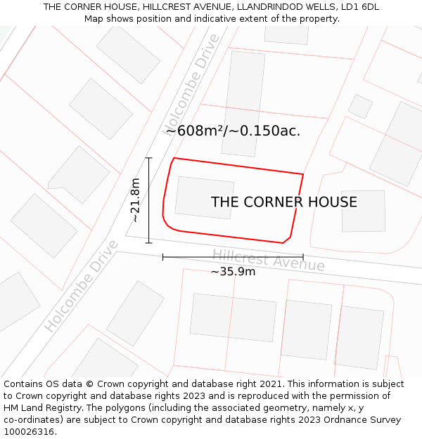 THE CORNER HOUSE, HILLCREST AVENUE, LLANDRINDOD WELLS, LD1 6DL: Plot and title map
