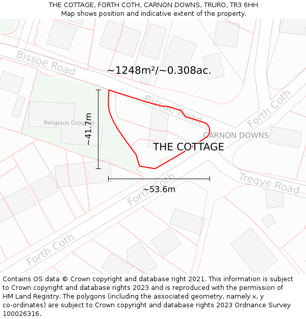 THE COTTAGE, FORTH COTH, CARNON DOWNS, TRURO, TR3 6HH: Plot and title map