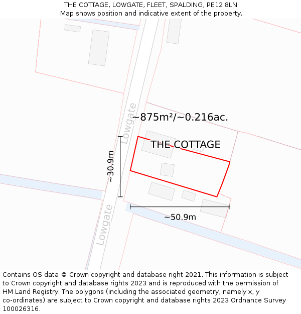 THE COTTAGE, LOWGATE, FLEET, SPALDING, PE12 8LN: Plot and title map