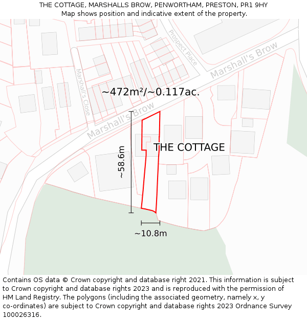THE COTTAGE, MARSHALLS BROW, PENWORTHAM, PRESTON, PR1 9HY: Plot and title map