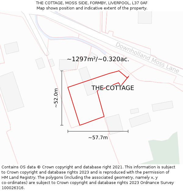 THE COTTAGE, MOSS SIDE, FORMBY, LIVERPOOL, L37 0AF: Plot and title map