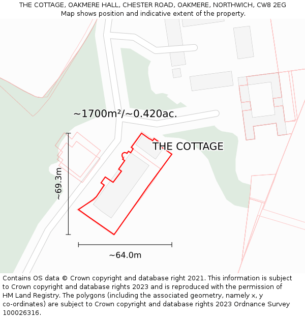 THE COTTAGE, OAKMERE HALL, CHESTER ROAD, OAKMERE, NORTHWICH, CW8 2EG: Plot and title map