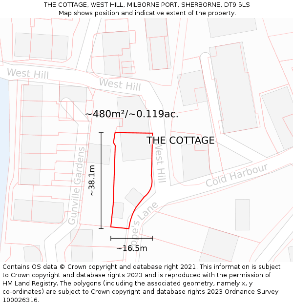 THE COTTAGE, WEST HILL, MILBORNE PORT, SHERBORNE, DT9 5LS: Plot and title map