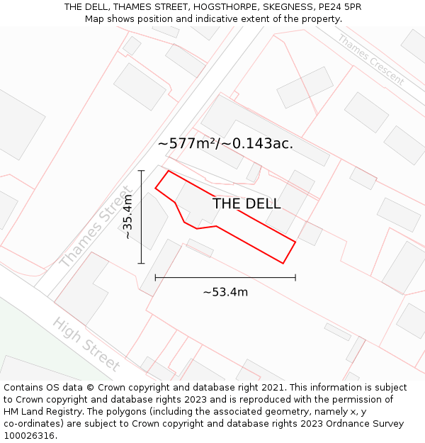 THE DELL, THAMES STREET, HOGSTHORPE, SKEGNESS, PE24 5PR: Plot and title map