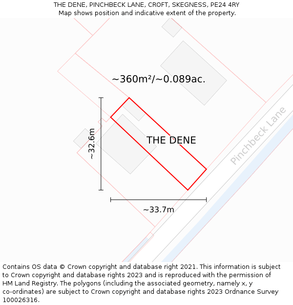 THE DENE, PINCHBECK LANE, CROFT, SKEGNESS, PE24 4RY: Plot and title map