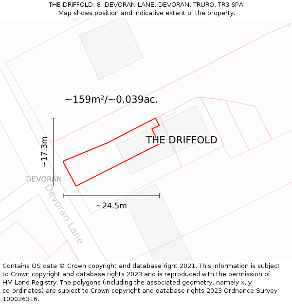 THE DRIFFOLD, 8, DEVORAN LANE, DEVORAN, TRURO, TR3 6PA: Plot and title map
