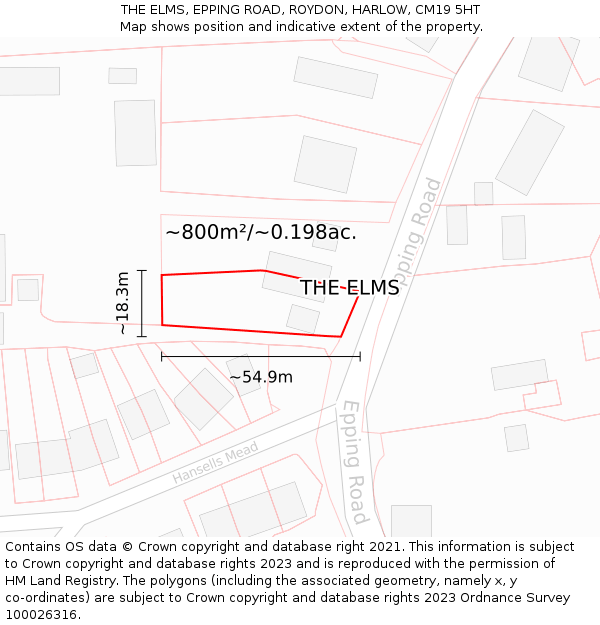 THE ELMS, EPPING ROAD, ROYDON, HARLOW, CM19 5HT: Plot and title map