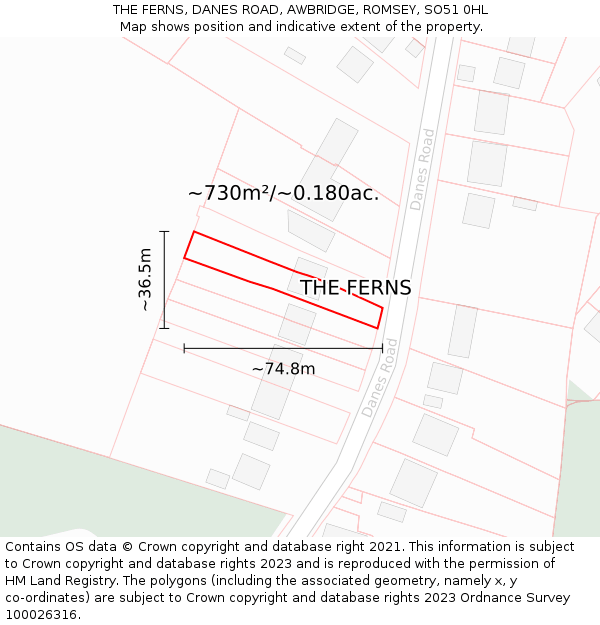 THE FERNS, DANES ROAD, AWBRIDGE, ROMSEY, SO51 0HL: Plot and title map