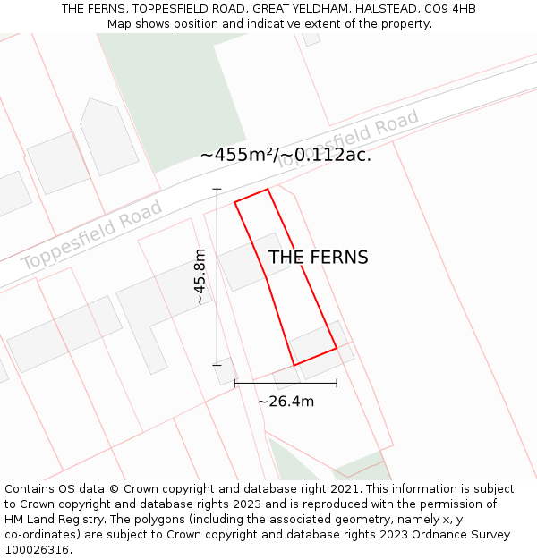 THE FERNS, TOPPESFIELD ROAD, GREAT YELDHAM, HALSTEAD, CO9 4HB: Plot and title map