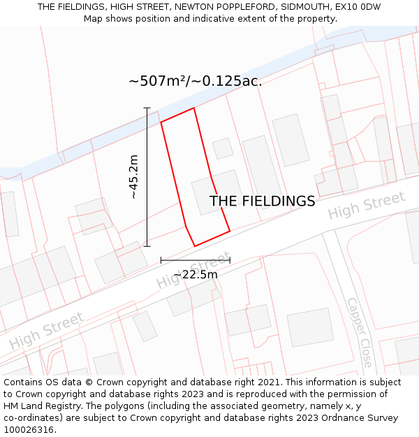 THE FIELDINGS, HIGH STREET, NEWTON POPPLEFORD, SIDMOUTH, EX10 0DW: Plot and title map