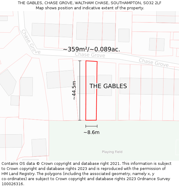 THE GABLES, CHASE GROVE, WALTHAM CHASE, SOUTHAMPTON, SO32 2LF: Plot and title map