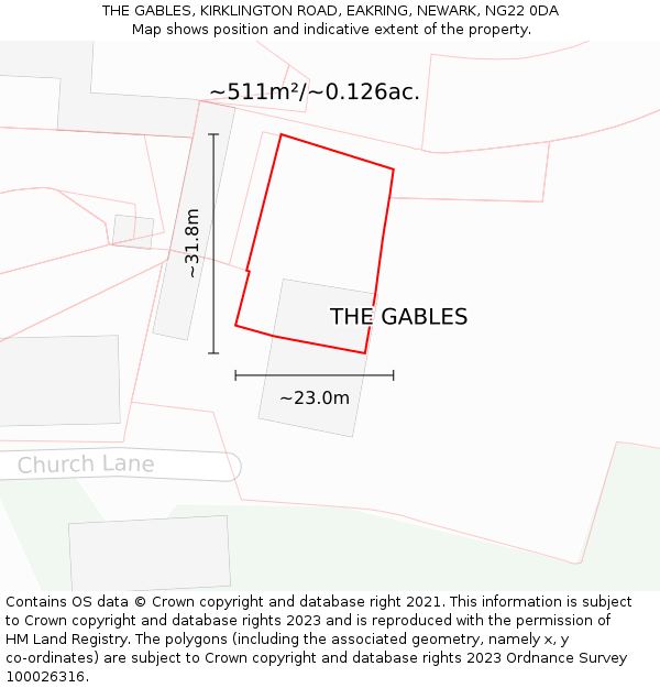 THE GABLES, KIRKLINGTON ROAD, EAKRING, NEWARK, NG22 0DA: Plot and title map