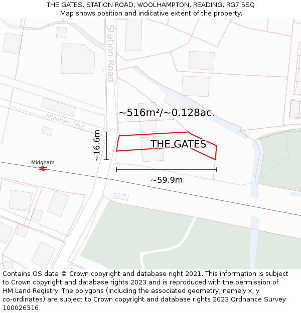 THE GATES, STATION ROAD, WOOLHAMPTON, READING, RG7 5SQ: Plot and title map