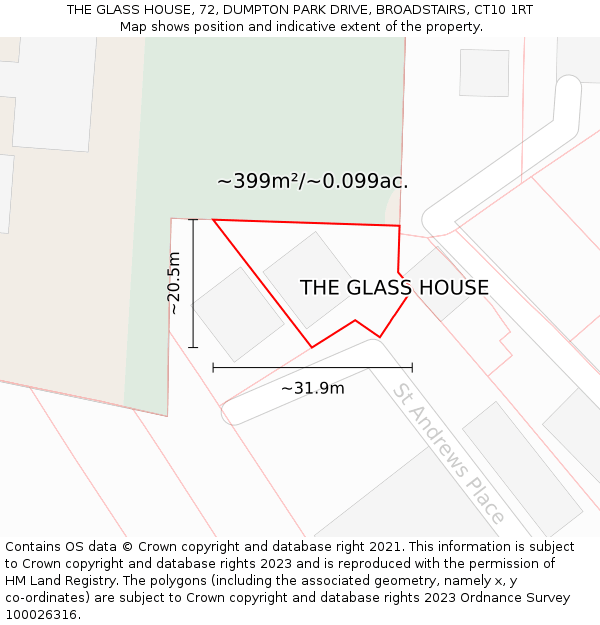 THE GLASS HOUSE, 72, DUMPTON PARK DRIVE, BROADSTAIRS, CT10 1RT: Plot and title map