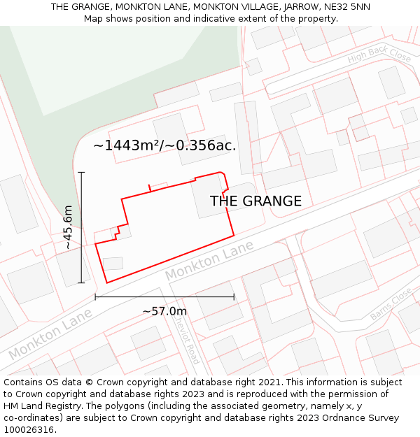 THE GRANGE, MONKTON LANE, MONKTON VILLAGE, JARROW, NE32 5NN: Plot and title map