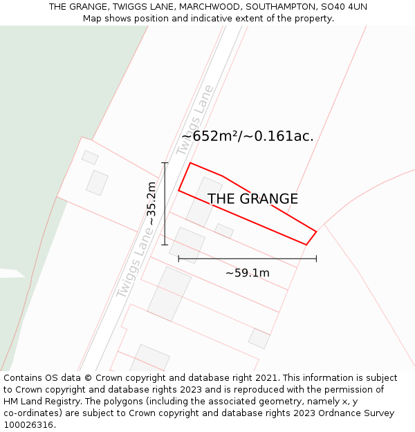 THE GRANGE, TWIGGS LANE, MARCHWOOD, SOUTHAMPTON, SO40 4UN: Plot and title map