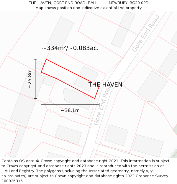 THE HAVEN, GORE END ROAD, BALL HILL, NEWBURY, RG20 0PD: Plot and title map
