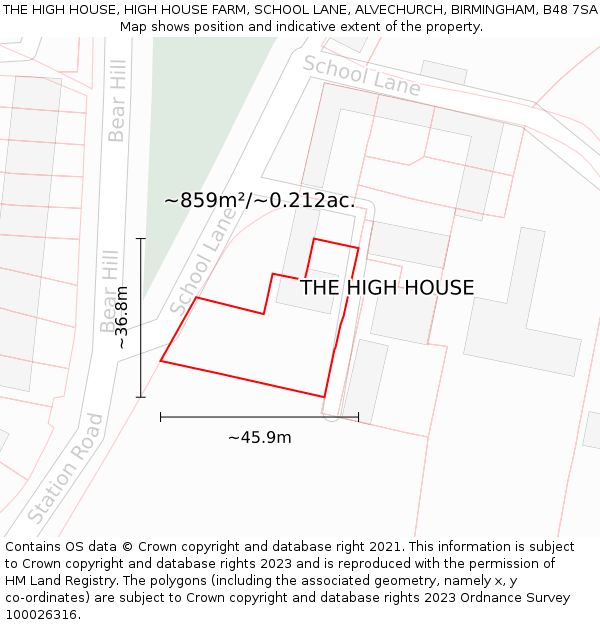 THE HIGH HOUSE, HIGH HOUSE FARM, SCHOOL LANE, ALVECHURCH, BIRMINGHAM, B48 7SA: Plot and title map