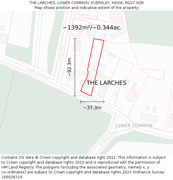 THE LARCHES, LOWER COMMON, EVERSLEY, HOOK, RG27 0QR: Plot and title map