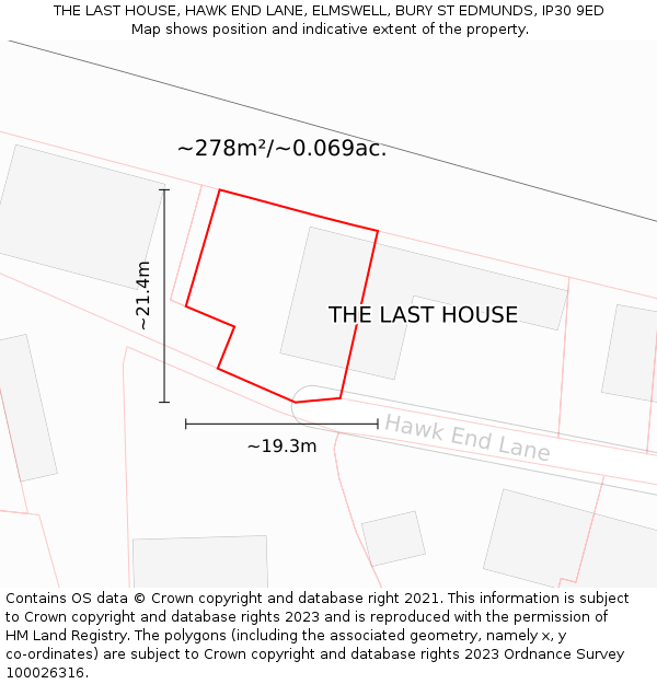 THE LAST HOUSE, HAWK END LANE, ELMSWELL, BURY ST EDMUNDS, IP30 9ED: Plot and title map