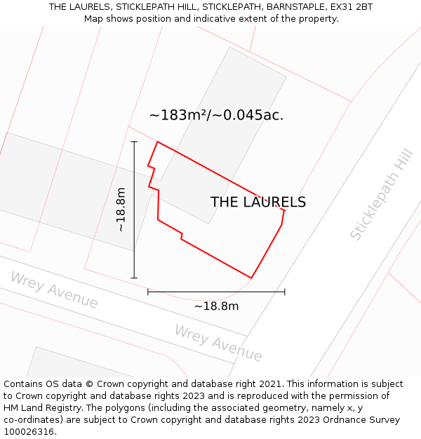THE LAURELS, STICKLEPATH HILL, STICKLEPATH, BARNSTAPLE, EX31 2BT: Plot and title map