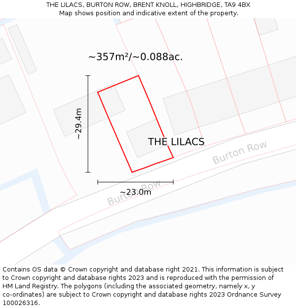 THE LILACS, BURTON ROW, BRENT KNOLL, HIGHBRIDGE, TA9 4BX: Plot and title map