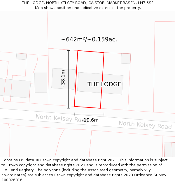 THE LODGE, NORTH KELSEY ROAD, CAISTOR, MARKET RASEN, LN7 6SF: Plot and title map