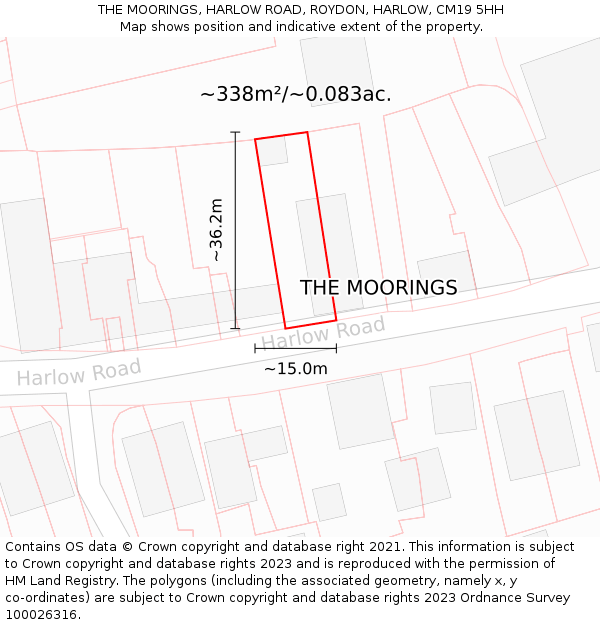 THE MOORINGS, HARLOW ROAD, ROYDON, HARLOW, CM19 5HH: Plot and title map
