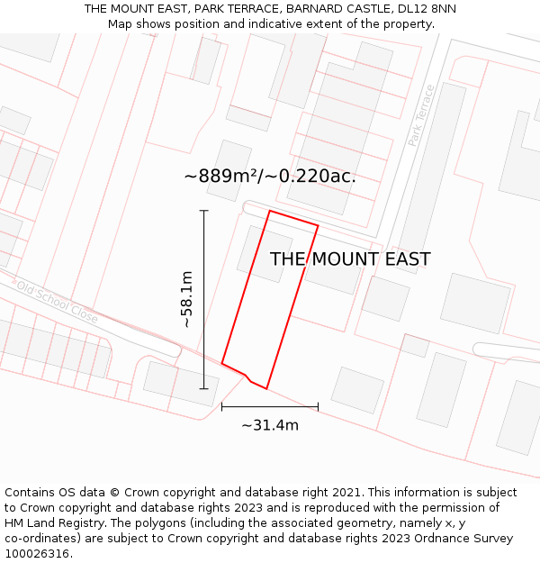 THE MOUNT EAST, PARK TERRACE, BARNARD CASTLE, DL12 8NN: Plot and title map